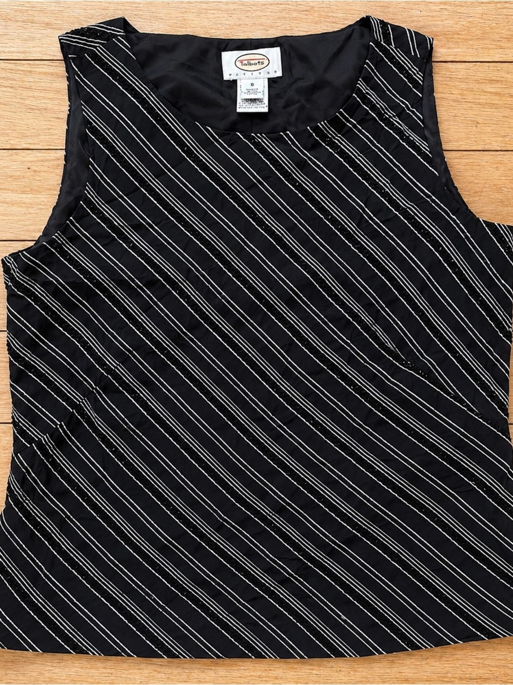 Vintage Talbots Silk Blend Beaded Stripe Shell Top Black White Silk